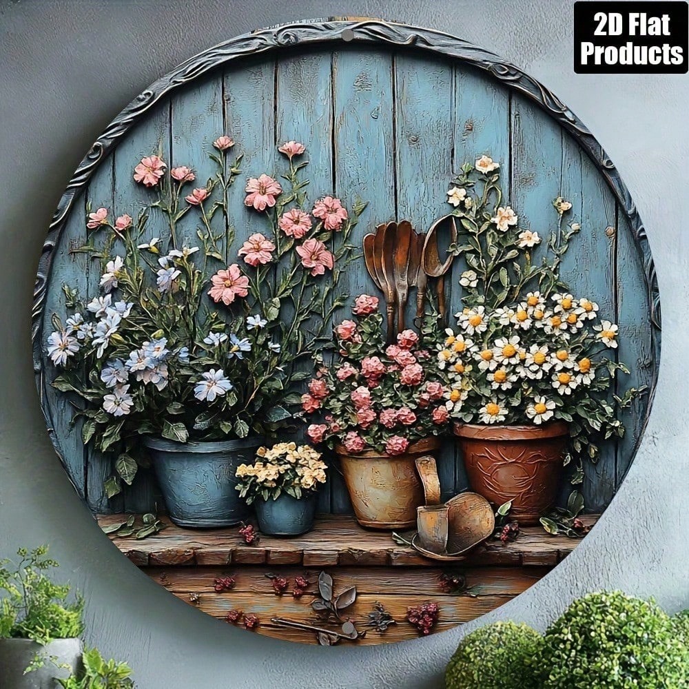 Gardening Tools Vintage - Vintage Round Aluminum Wall Art, Rustic